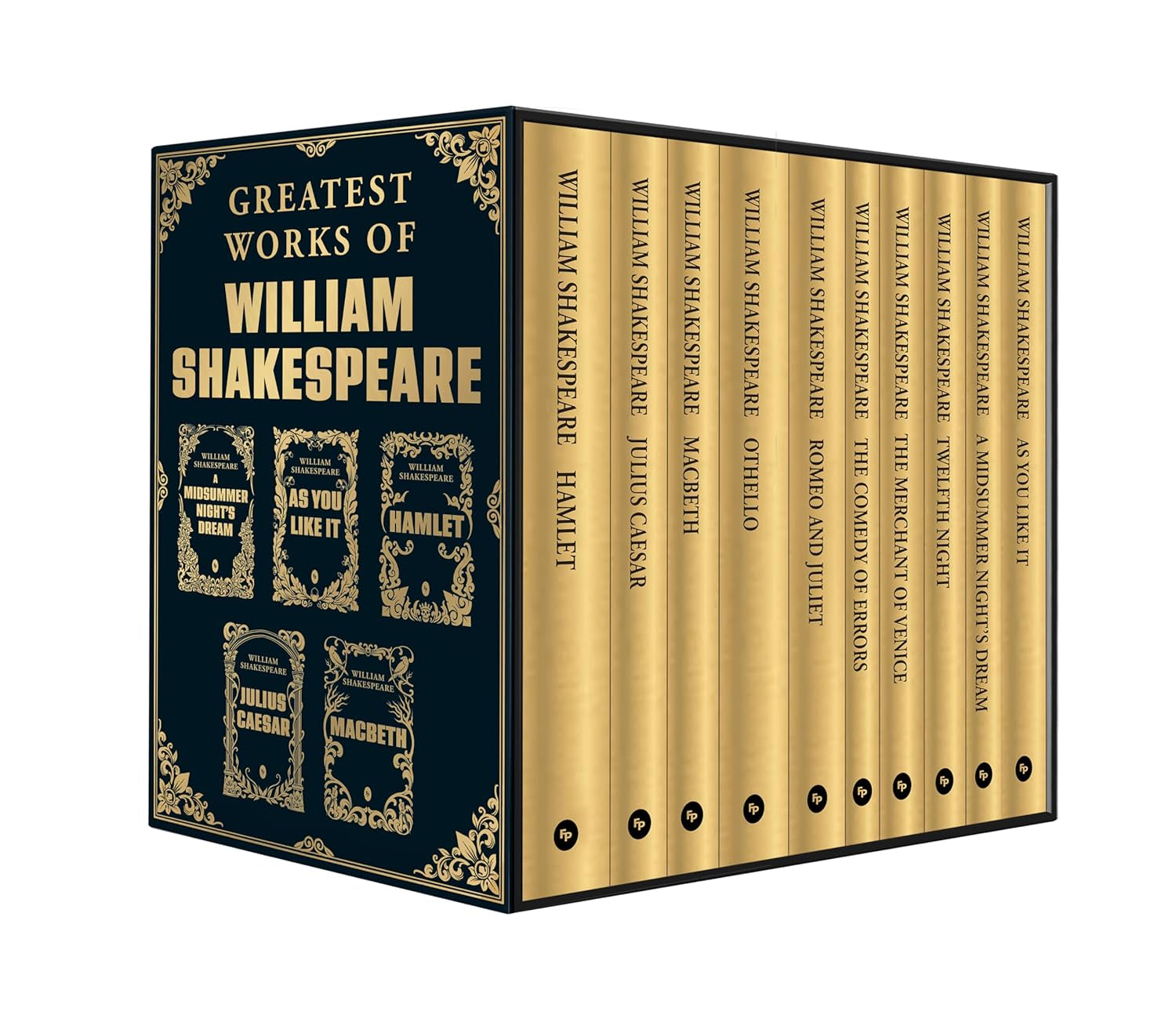Book box set of 'Shakespeare Box Set: Greatest Works of William Shakespeare [ISBN: 9789354407000]' featuring a gilded style casing.