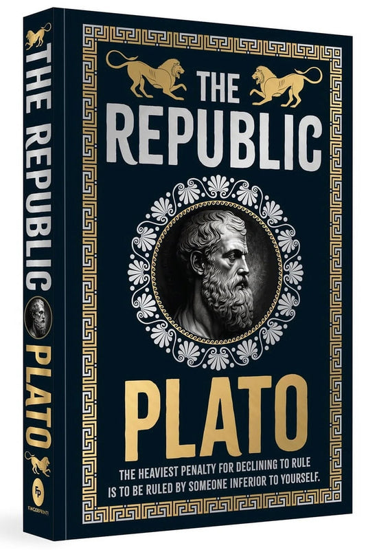A book cover of Plato's 'The Republic' featuring a portrait of Plato with a decorative border and title in a classic font.