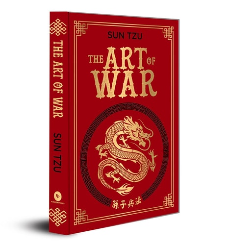 Red book titled 'The Art of War' by Sun Tzu with a dragon illustration on the cover.