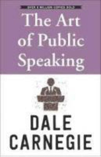Book cover of 'The Art of Public Speaking' by Dale Carnegie with a purple and white design.