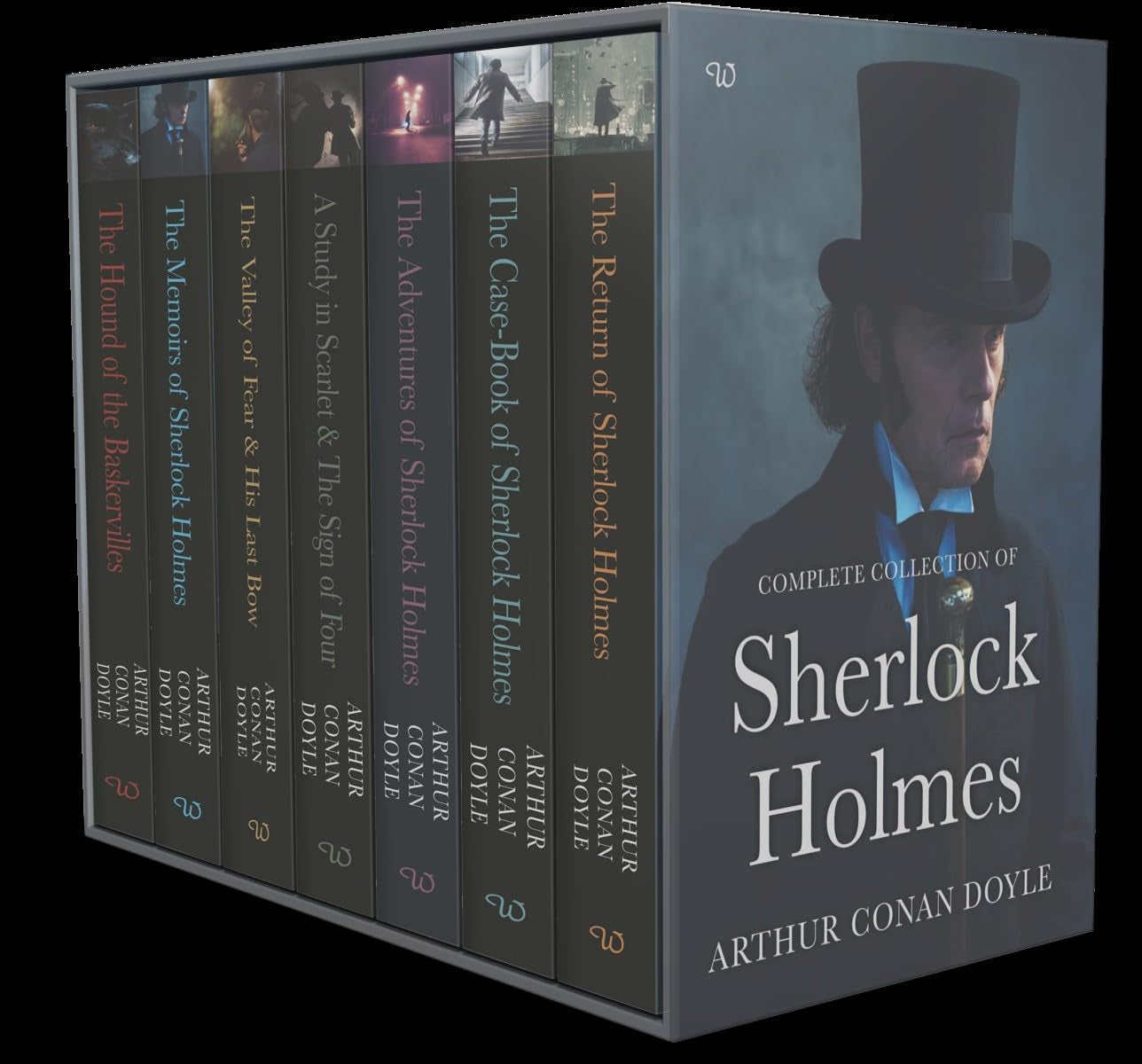 A box set collection of Sherlock Holmes books by Arthur Conan Doyle, featuring a portrait of Sherlock Holmes on the cover.