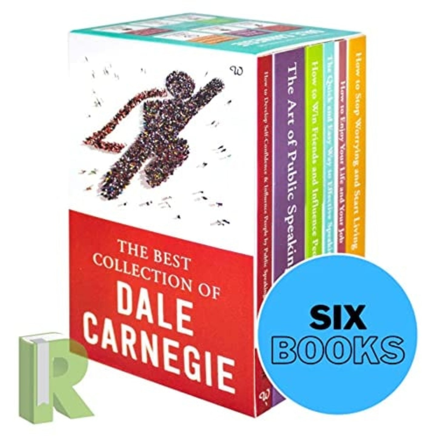 Box set of Dale Carnegie books with colorful spines on a white background
