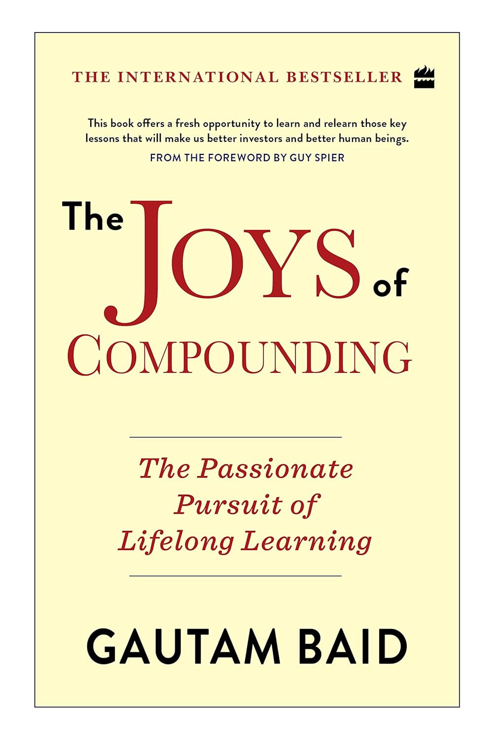 The cover of the book 'The Joys of Compounding' by Gautam Baid features a minimalist design with red and black text on a cream background.