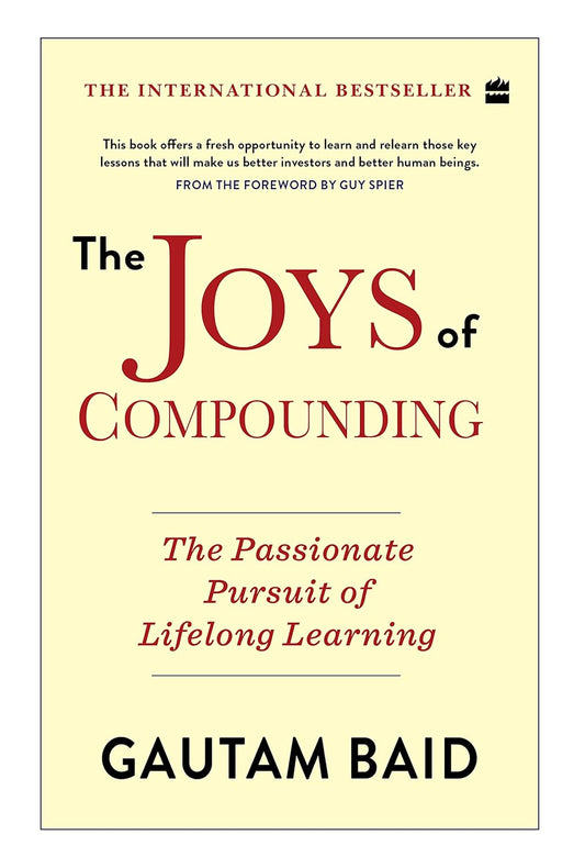 The cover of the book 'The Joys of Compounding' by Gautam Baid features a minimalist design with red and black text on a cream background.