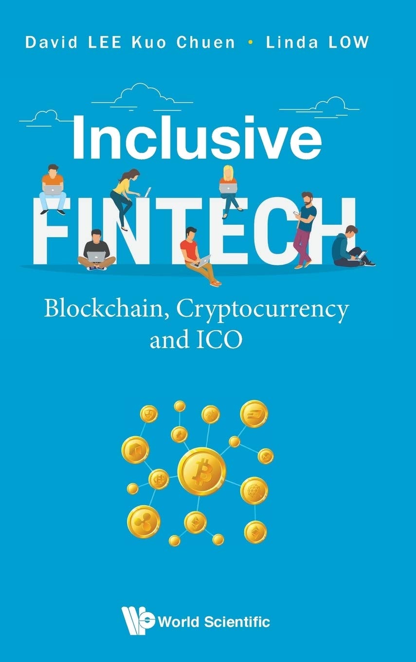 Book cover of 'Inclusive Fintech' with illustrations of people and blockchain symbols on a blue background.