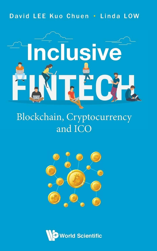 Book cover of 'Inclusive Fintech' with illustrations of people and blockchain symbols on a blue background.