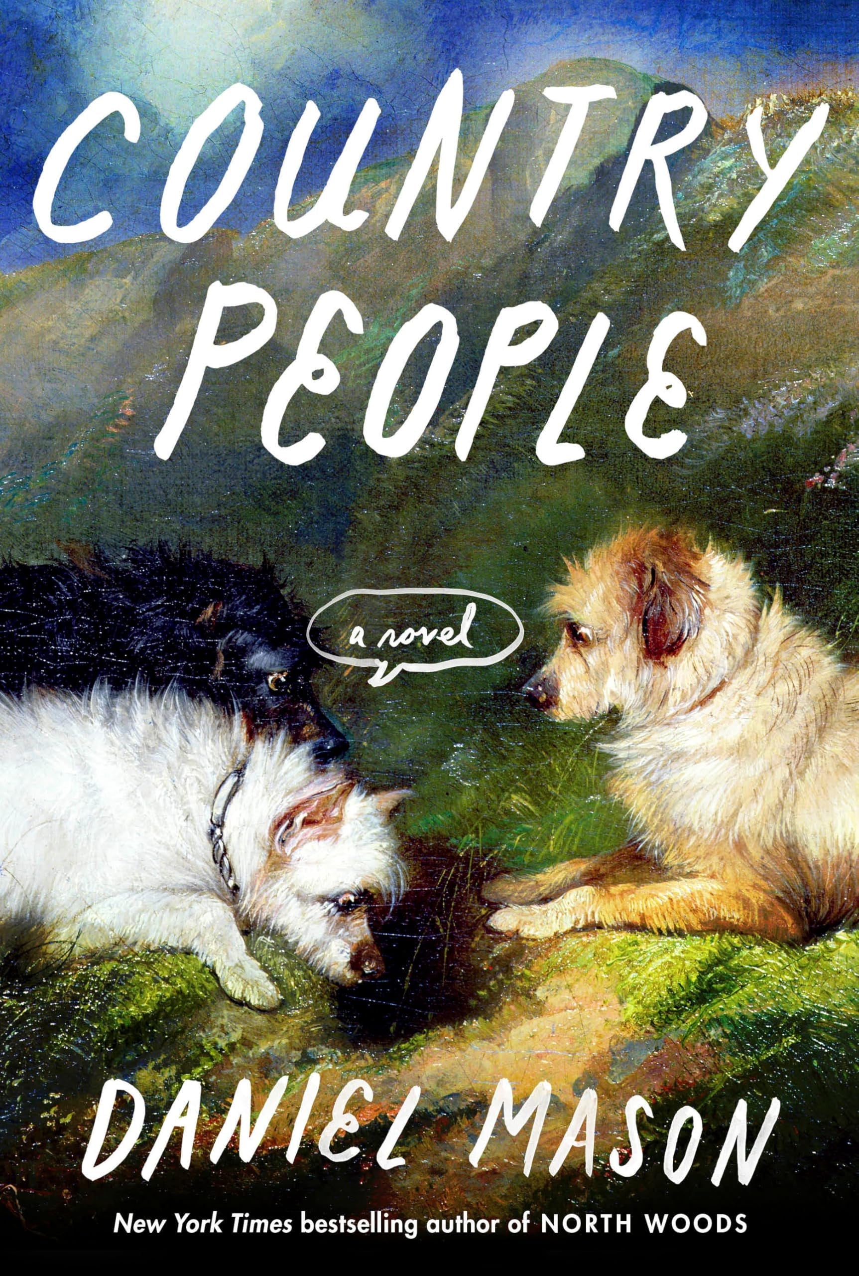 Book cover of 'Country People' by Daniel Mason featuring two dogs and a mountainous landscape.