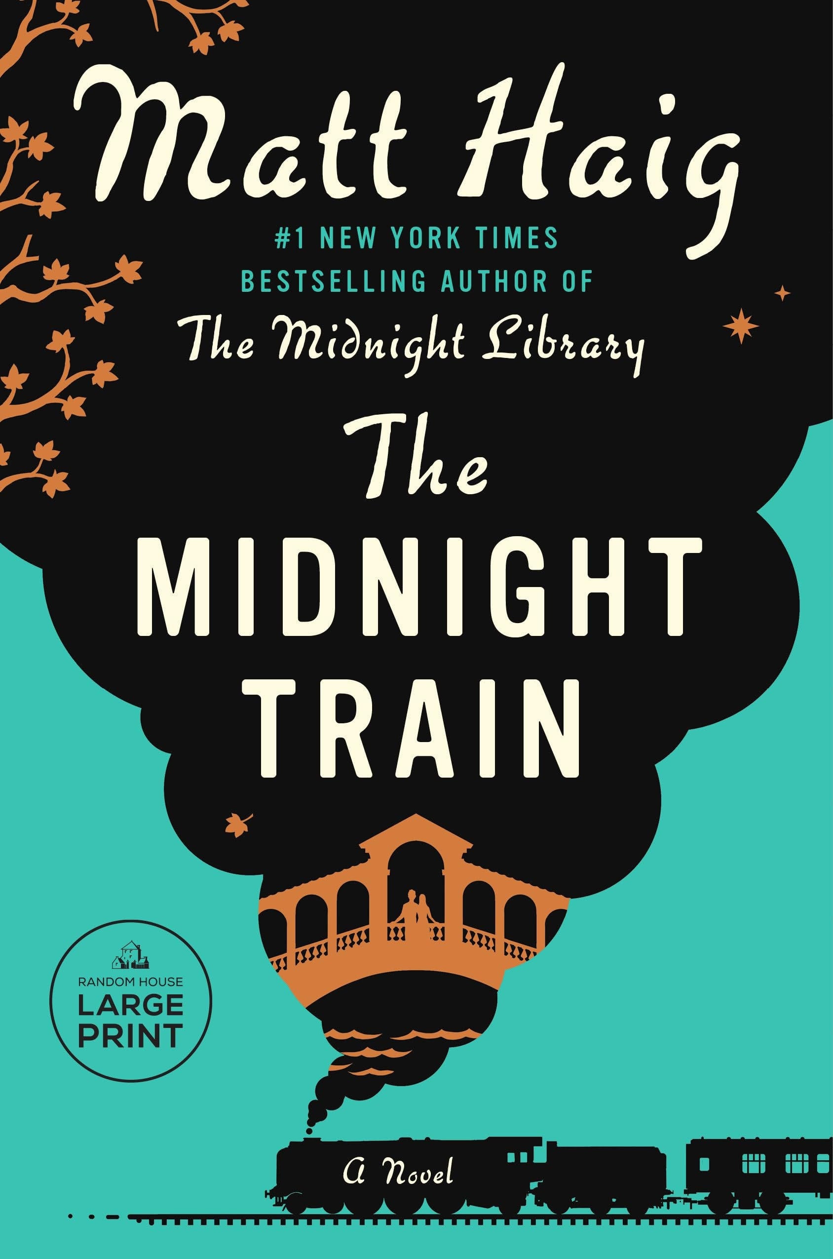 Book cover of 'The Midnight Train' by Matt Haig with a train and smoke design on a black and teal background.