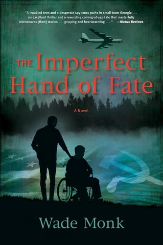 The cover of the book 'The Imperfect Hand of Fate' by Wade Monk, featuring an image of a person in a wheelchair and another person standing beside them, with a backdrop of a town at nightfall or dusk.
