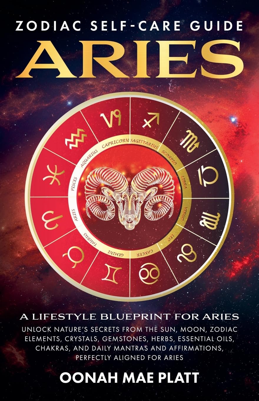 Cover of the book 'Zodiac Self-Care Guide: ARIES' featuring astrological symbols and a ram's head on a red and orange background.