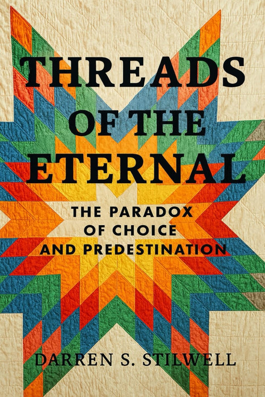 Book cover of 'Threads of the Eternal' with a colorful geometric design.