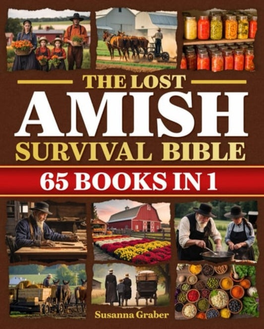 Book cover of 'The Lost Amish Survival Bible: Unlock the Life-Saving Secrets of Amish Self-Sufficiency Before the Next Crisis Strikes | Herbal Remedies, Off-Grid Skills, Food Preservation & Survival Tactics' by Susanna Graber with collage of Amish life scenes.