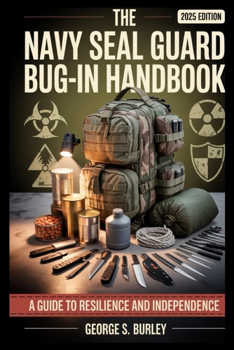 Book cover of 'The Navy SEAL Guard Bug-In Handbook' with survival gear and symbols.