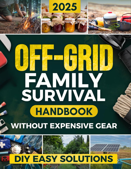 Cover of 'Off-Grid Family Survival Handbook' with images of camping gear and solar panels.