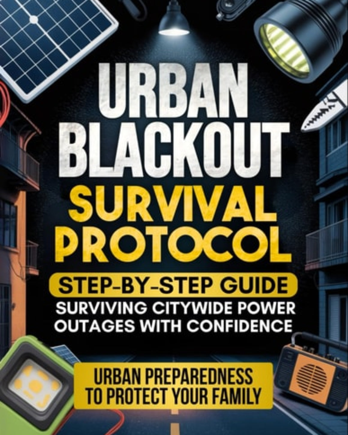 Book cover of 'Urban Blackout Survival Protocol' with emergency supplies on a dark background