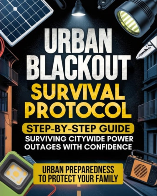 Book cover of 'Urban Blackout Survival Protocol' with emergency supplies on a dark background