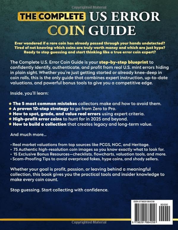 Back cover of 'The Complete U.S. Error Coin Guide' with text and a barcode.