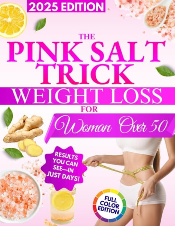 Book cover of 'The Pink Salt Trick Weight Loss for Women Over 50' with images of pink salt, lemon, and a measuring tape.