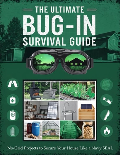 Book cover of 'The Ultimate Bug-In Survival Guide' with goggles and survival icons on a green background.