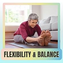 Person stretching on a mat with text 'Flexibility & Balance' in a home setting