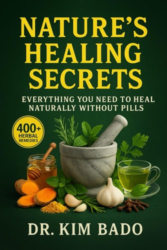 Book cover of 'Nature's Healing Secrets' by Dr. Kim Bado with herbs and a mortar and pestle on a green background.