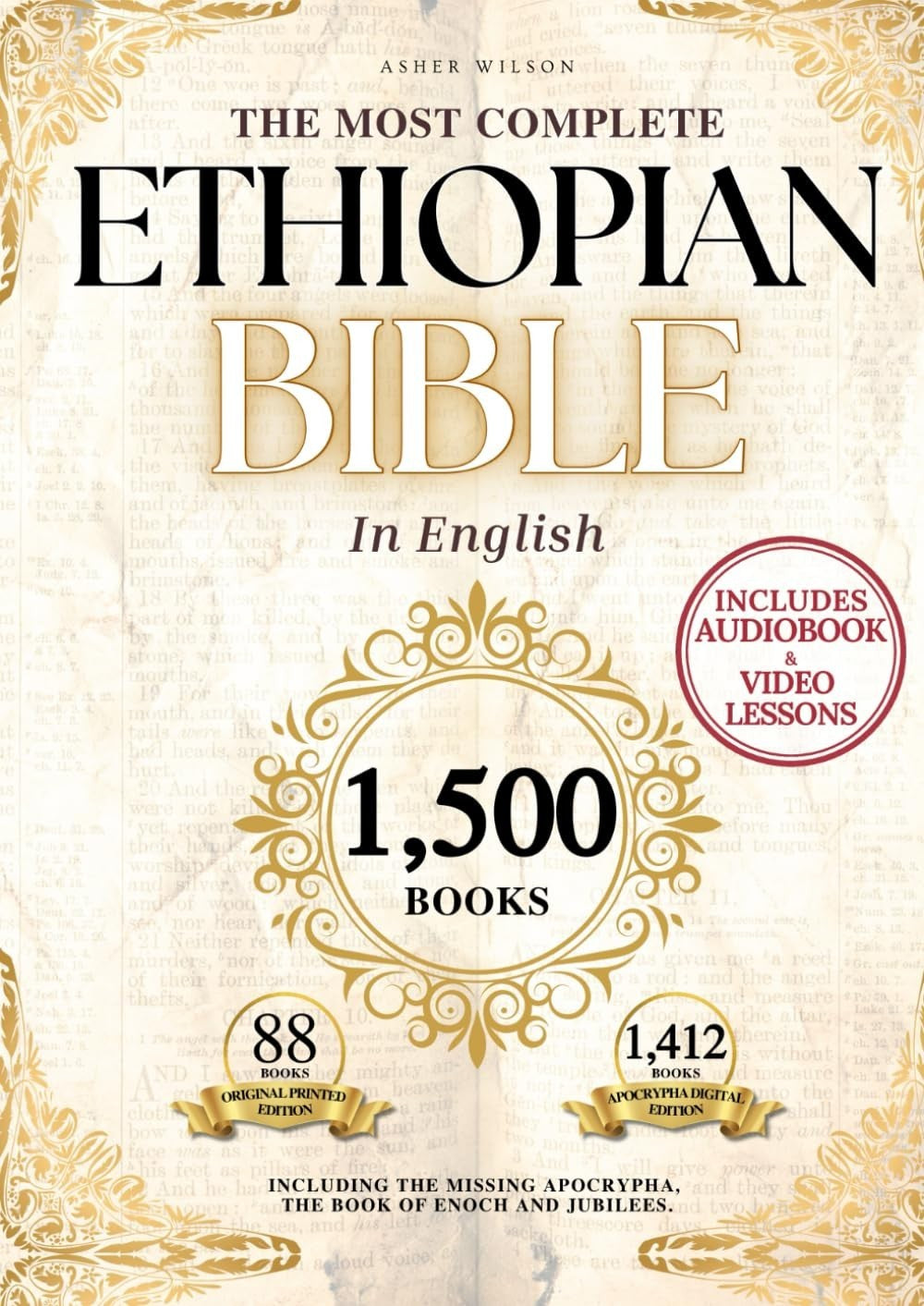 Book cover of 'The Most Complete Ethiopian Bible in English' with decorative elements and text.