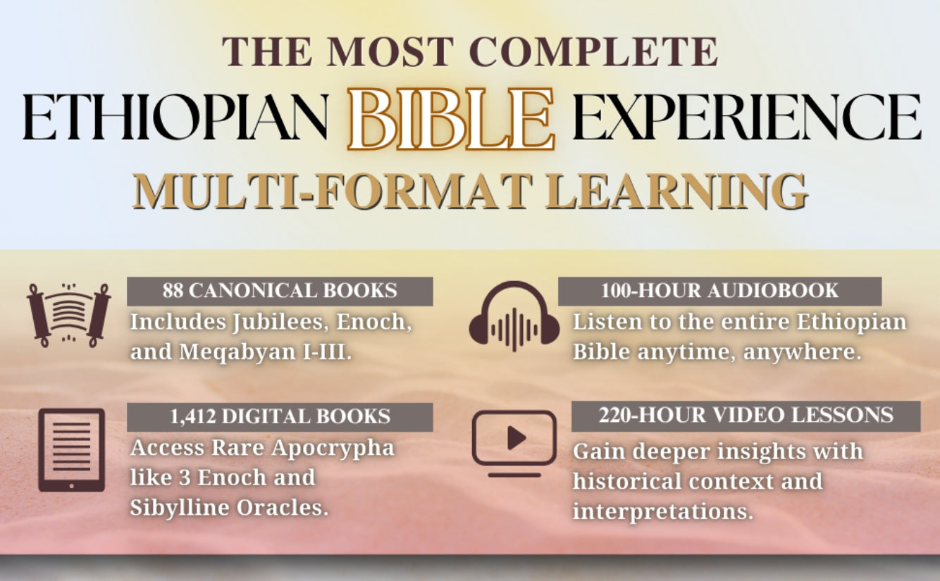 Advertisement for Ethiopian Bible resources with text and icons on a gradient background