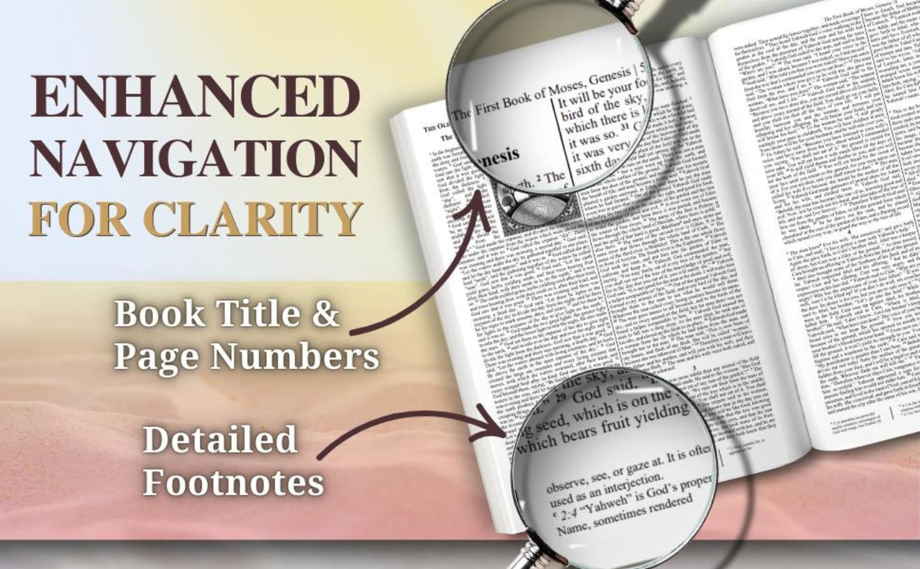 Book with magnifying glasses highlighting text, labeled 'Enhanced Navigation for Clarity'.