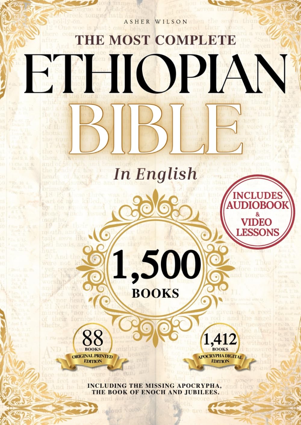 Book cover of 'The Most Complete Ethiopian Bible in English' with decorative elements and text.