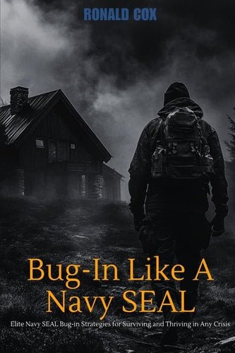 Book cover of 'Bug-In Like A Navy SEAL' by Ronald Cox with a person walking towards a house in a dark, misty setting.