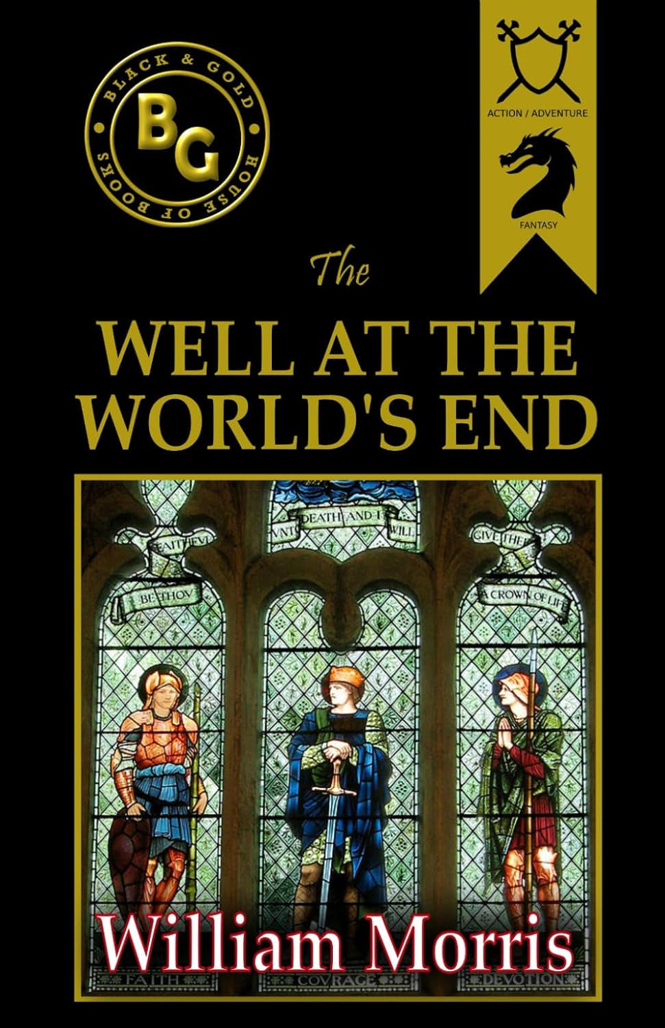 Cover of 'The Well at the World's End' by William Morris featuring a stained glass window illustration.