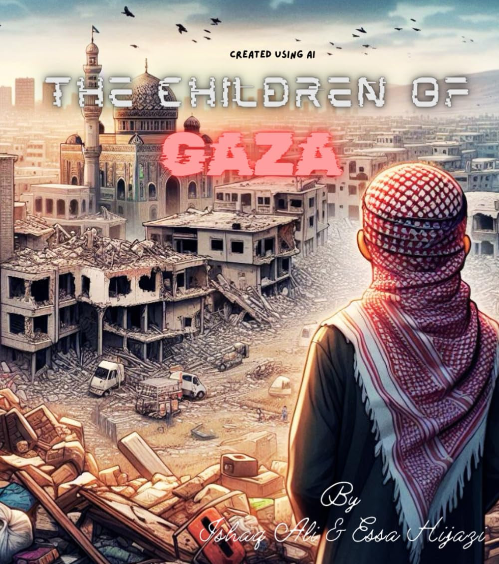 Book cover of 'The Children of Gaza' featuring a silhouette of a person with a red headscarf against a backdrop of ruined buildings and a cityscape in the background.
