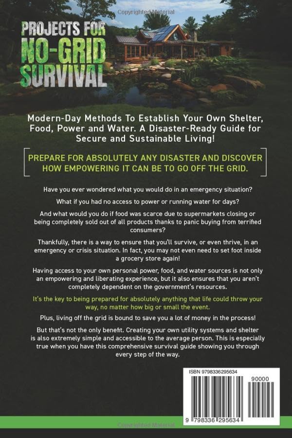 Back cover of book 'Projects for No-Grid Survival' with book description, image of a functional house on a hill in the background and barcode.