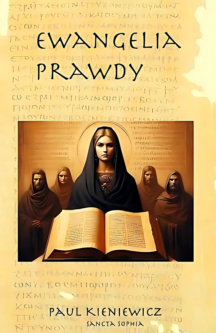 Book cover of Ewangelie Gnostycyzmu book titled 'Ewangelia Prawdy' by Paul Kieniewicz, featuring a woman and other people in ancient robes behind an ancient open book and papyrus paper style background.