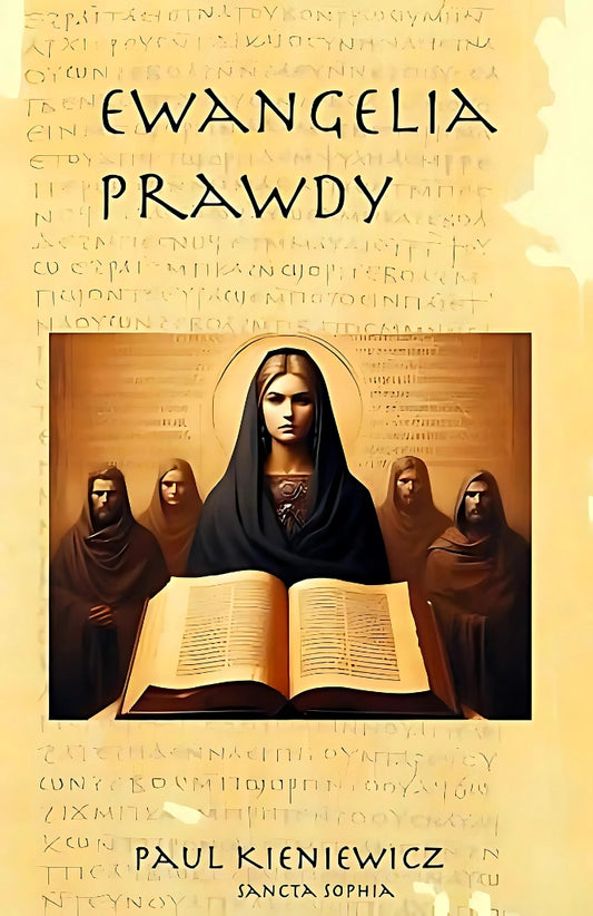 Book cover of Ewangelie Gnostycyzmu book titled 'Ewangelia Prawdy' by Paul Kieniewicz, featuring a woman and other people in ancient robes behind an ancient open book and papyrus paper style background.