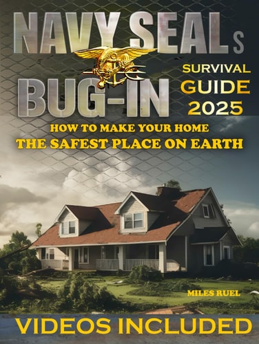 Book cover of 'Navy SEALs Bug-In Survival Guide 2025' with a house and text about home safety.