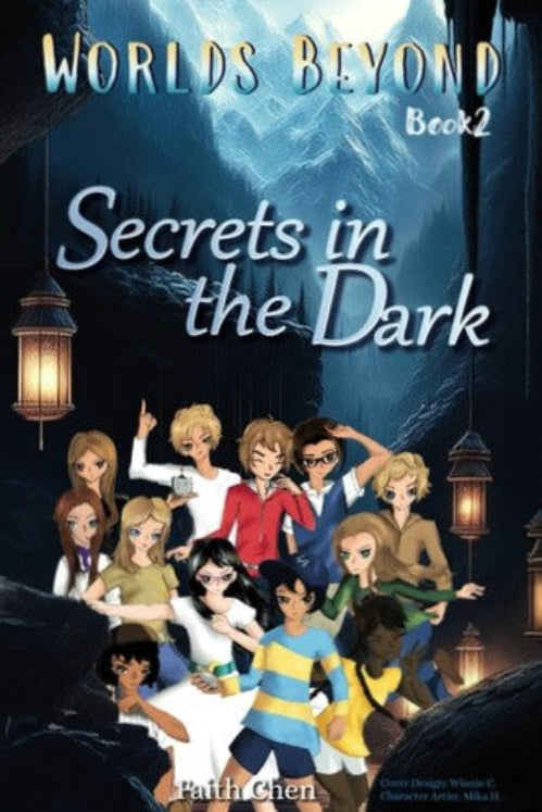 Book cover of 'Secrets in the Dark' by Faith Chen from 'Worlds Beyond' book series, featuring characters in a dark setting with lanterns.