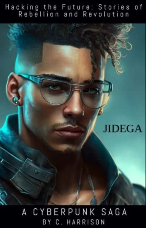 Book cover of 'Hacking the Future: Stories of Rebellion and Revolution' by Jidega, featuring a person wearing glasses.