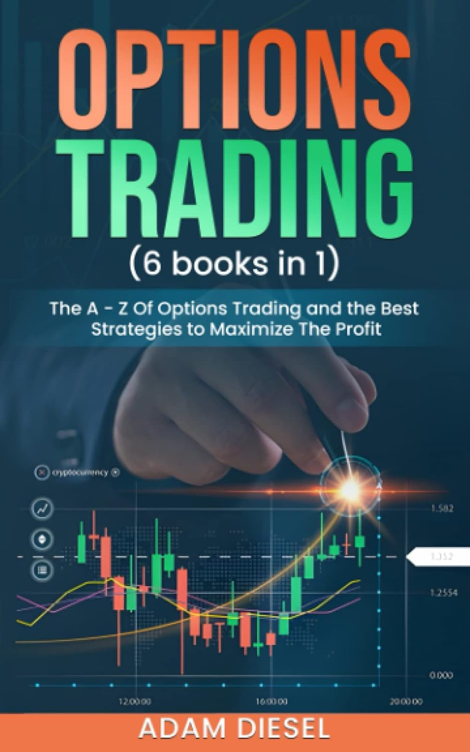 Cover of the book 'Options Trading: 6 books in 1' displaying a graph with data points and a finger pointing to a value on the x-axis, indicating analysis or trading strategies.