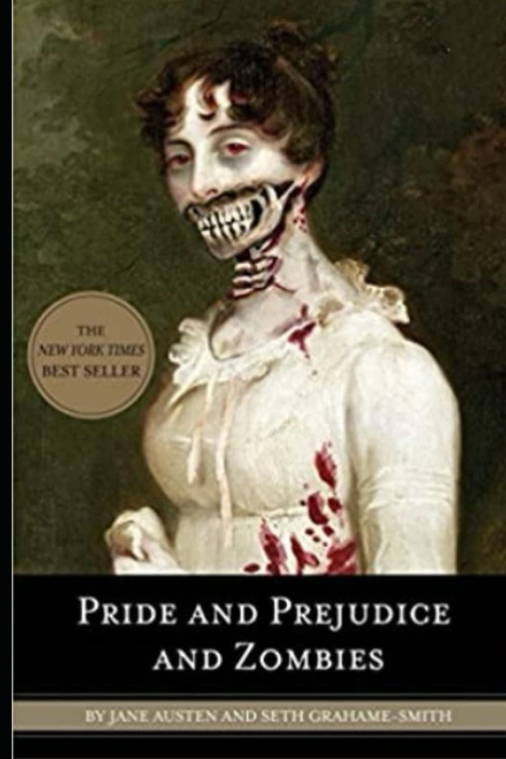 This image features the cover of the book "Pride and Prejudice and Zombies" by Jane Austen and Seth Grahame-Smith. The cover art presents a striking depiction of a woman in a Regency-era dress with a pale, porcelain-like complexion, positioned against a dark, moody background.