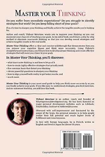 Back cover of book 'Master Your Thinking' by Thibaut Meurisse with text and a photo of Meurisse.