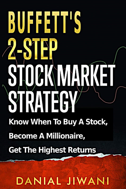 Book cover of 'Buffett's 2-Step Stock Market Strategy' by Danial Jiwani, featuring title text and the author's name against a dark background with a design element in the background.
