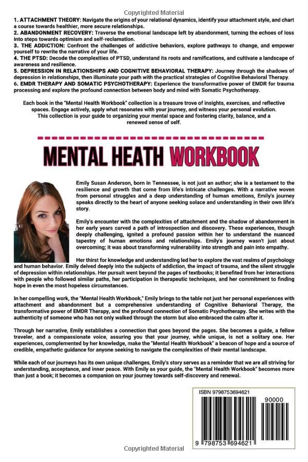 Back cover of a mental health workbook with text and a author's nam and portrait.
