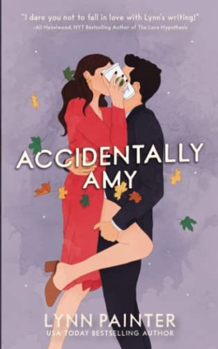 Book cover of 'Accidentally Amy' with a stylized illustration of two people embracing on a purple background.