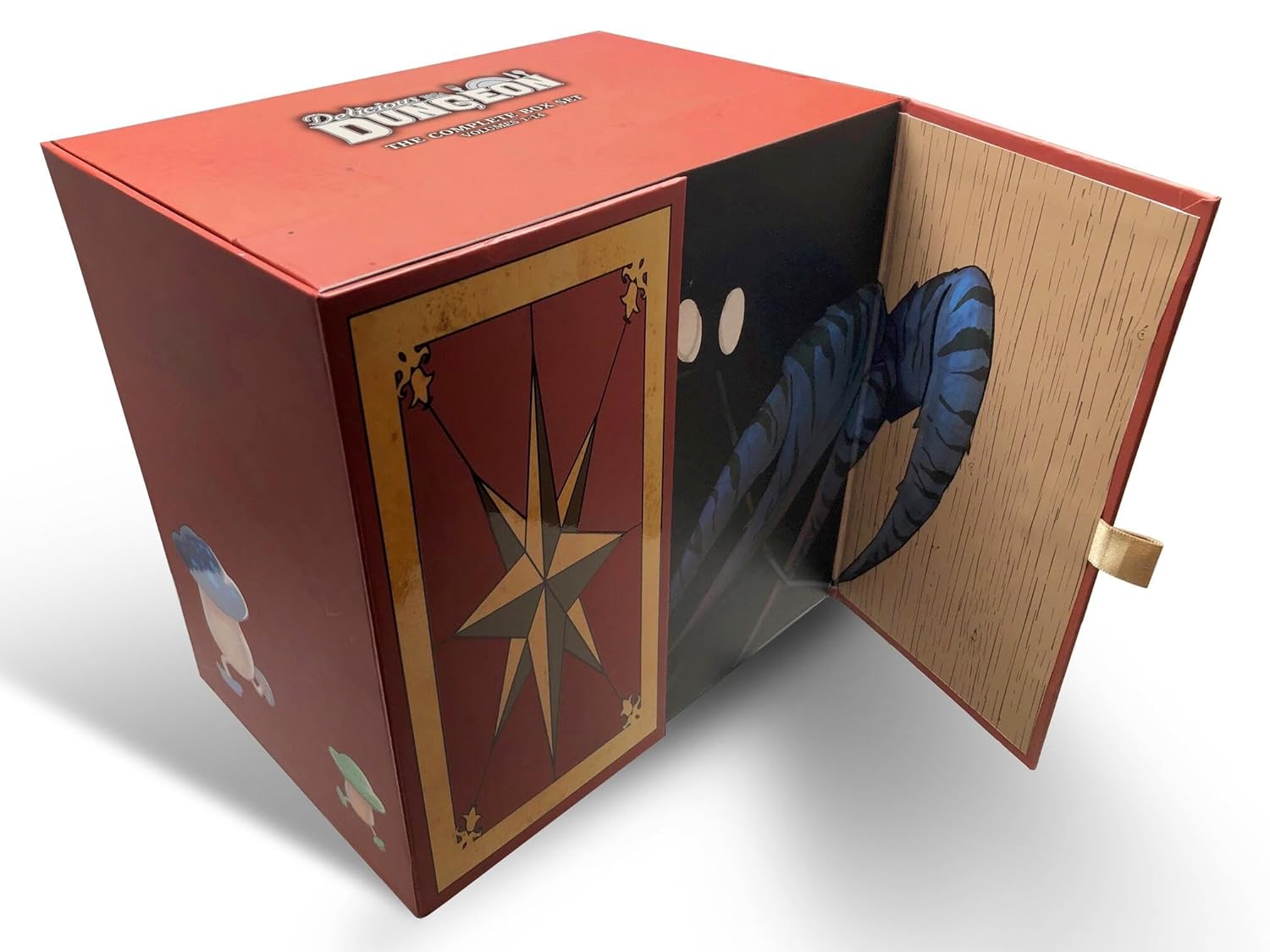 One flap open on popular Manga Book series Delicious in Dungeon by Ryoko Kui. Special collector's edition of all books and the box. Designer decorated in earth tones for the collectible of the "Delicious in Dungeon: The Complete Manga Book Box Set" by Ryoko Kui, ad translated from the original Japanese by Taylor Engel and Abigail Blackman. ISBN-13: 9798855413786. Featuring [14] books including the box.