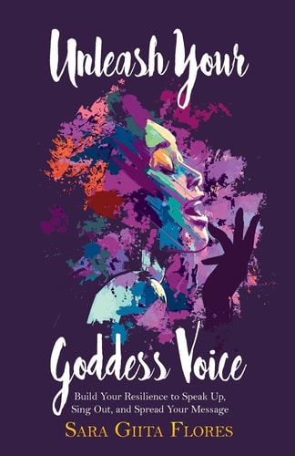 Book cover of 'Unleash Your Goddess Voice' with colorful abstract design on a dark background