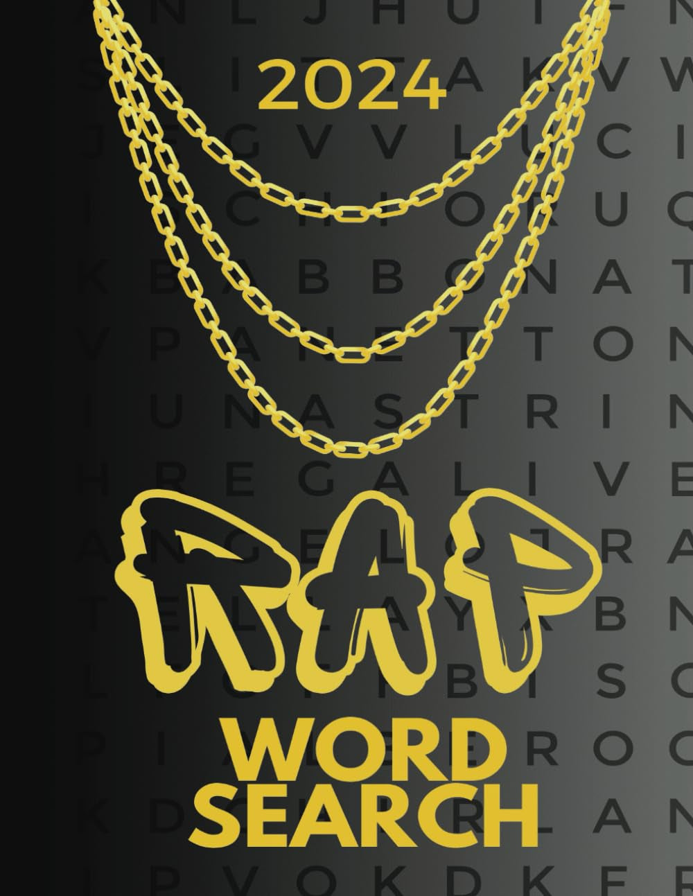 Cover of the book 'Rap Word Search: Word Search Puzzles-Activity Book' by Mitchell Heaton featuring text and a chain design in yellow on a dark background.