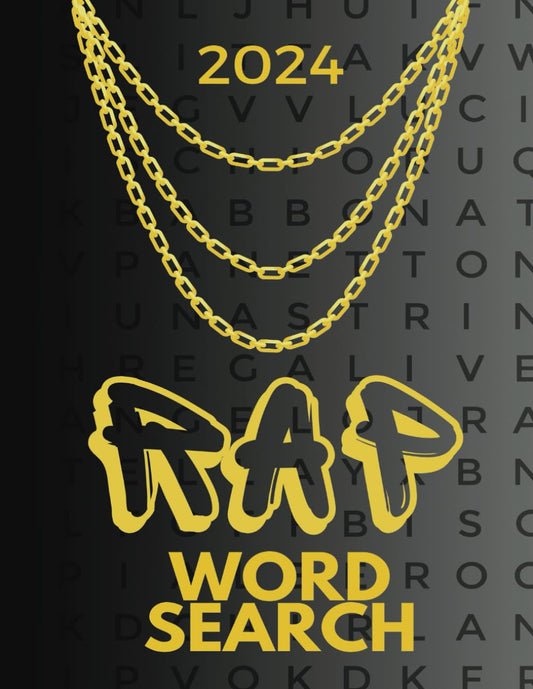 Cover of the book 'Rap Word Search: Word Search Puzzles-Activity Book' by Mitchell Heaton featuring text and a chain design in yellow on a dark background.