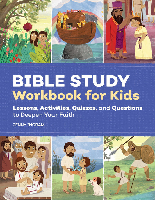 Bible Study Workbook for Kids with colorful illustrations and text on a blue background