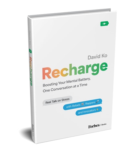 Cover of the book 'Recharge' by David Ko featuring text and a battery graphic, indicating the book's metaphorical theme of mental wellness and stress management.